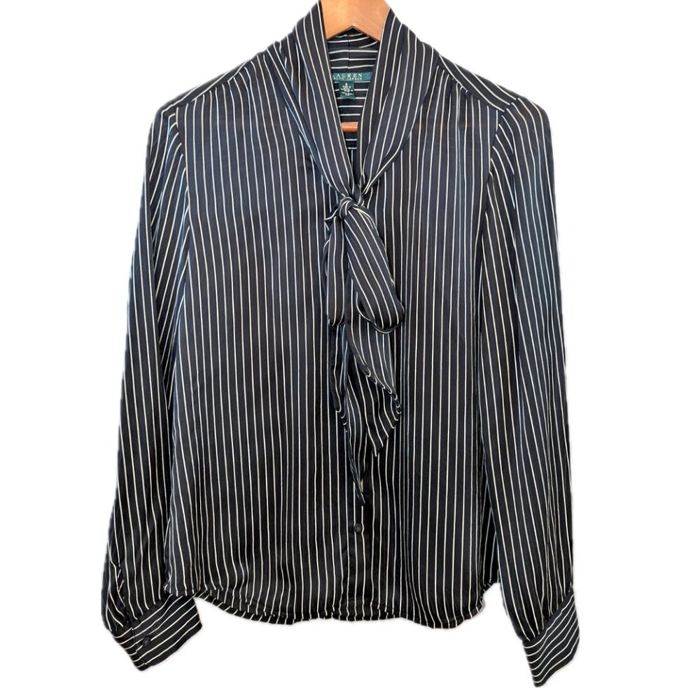 LAUREN Ralph Lauren | 100% Silk Striped Button Down Blouse with Bow | Size 6 - Picture 3 of 12
